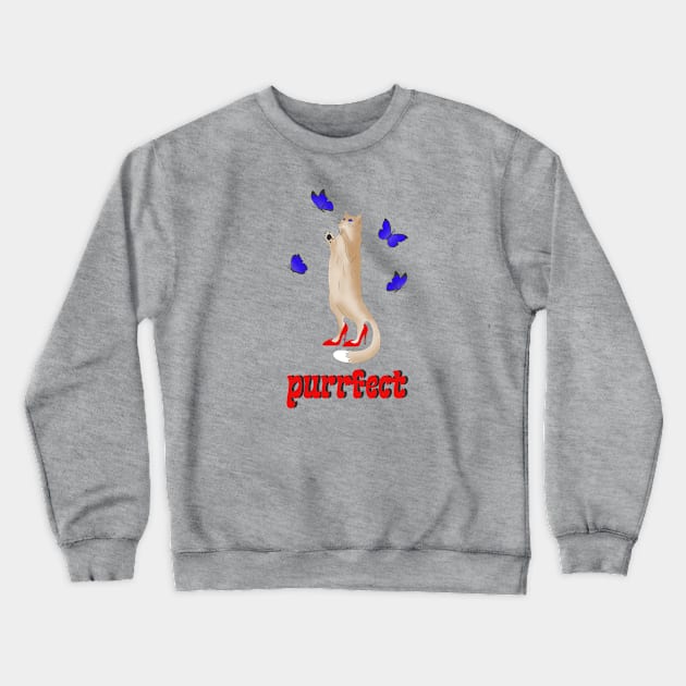 Purrfect - a cute cat in red shoes chasing butterflies Crewneck Sweatshirt by Cute_but_crazy_designs